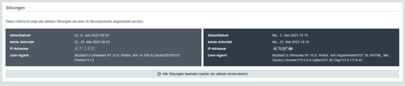 OPTENDA Energy Monitor Software Anzeige aktive Sitzungen des aktuellen Benutzers Screenshot